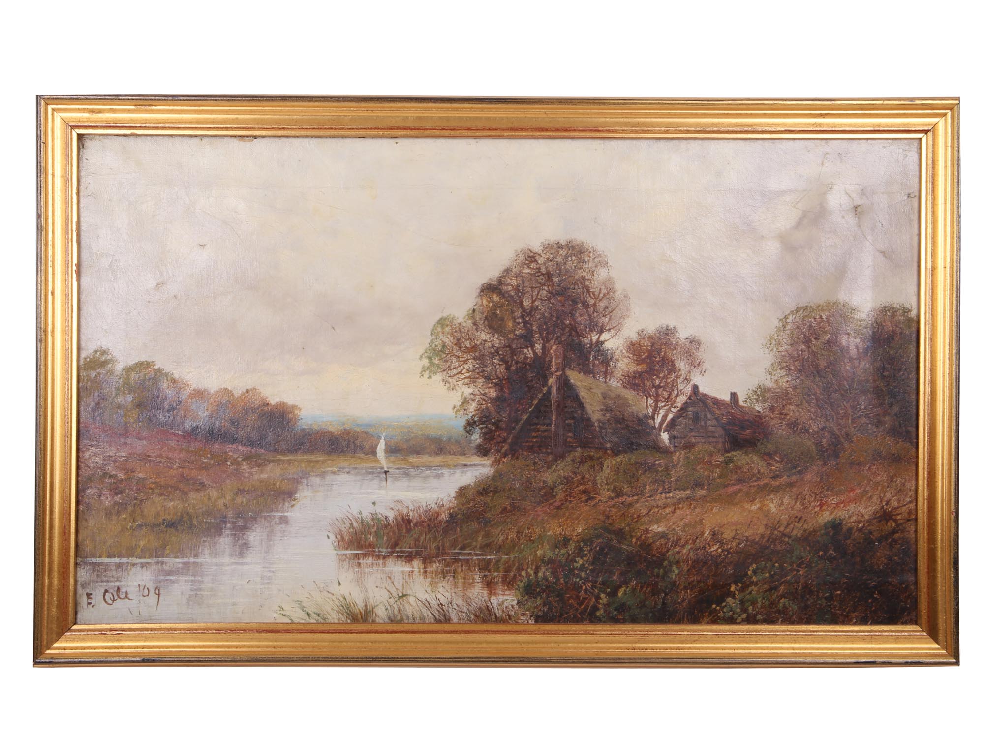 ANTIQUE OIL LANDSCAPE PAINTING BY EDWIN COLE PIC-0